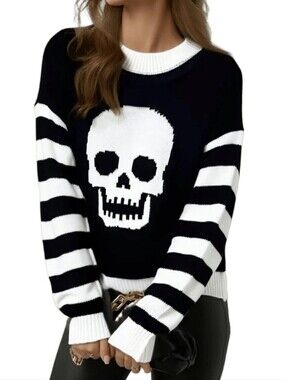 SHEIN Black & White Skull Stripe Sweater - Women